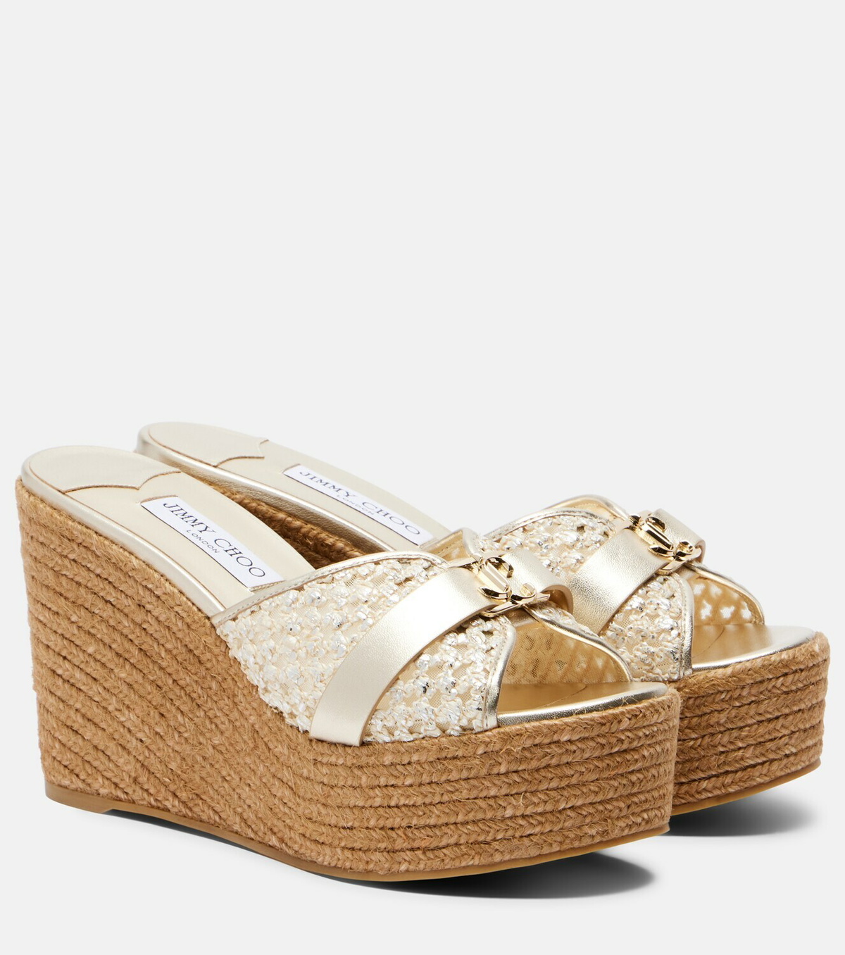 Jimmy Choo Leda raffia-trimmed leather wedge espadrilles