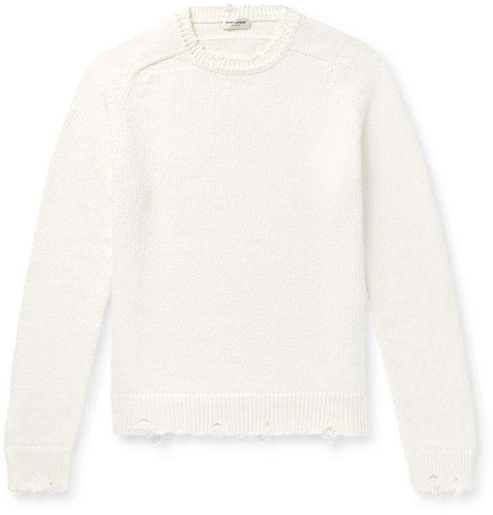 Photo: SAINT LAURENT - Slim-Fit Distressed Cotton Sweater - Neutrals