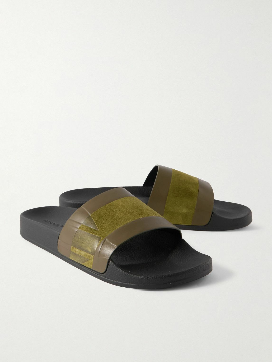 Frescobol Carioca - Humberto Striped Debossed Leather and Suede Slides - Green