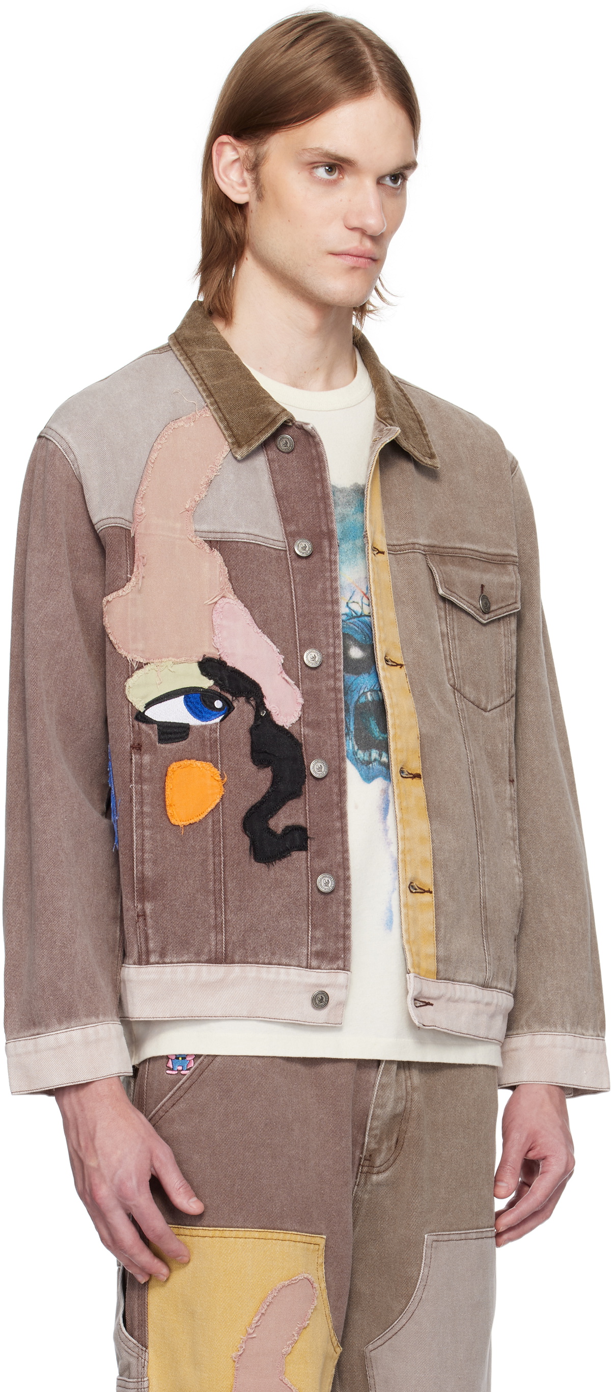 KidSuper Brown Patchwork Face Colorblocked Twill Jacket
