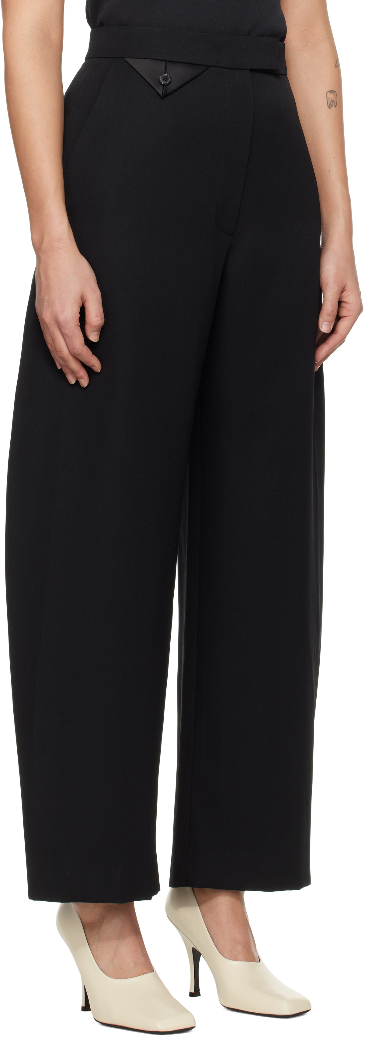 RECTO Black High-Rise Curved Legs Wool Trousers