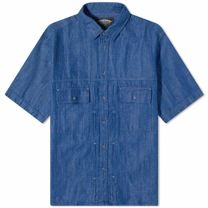 Photo: FrizmWORKS Men's Linen Short Sleeve Shirt in Blue
