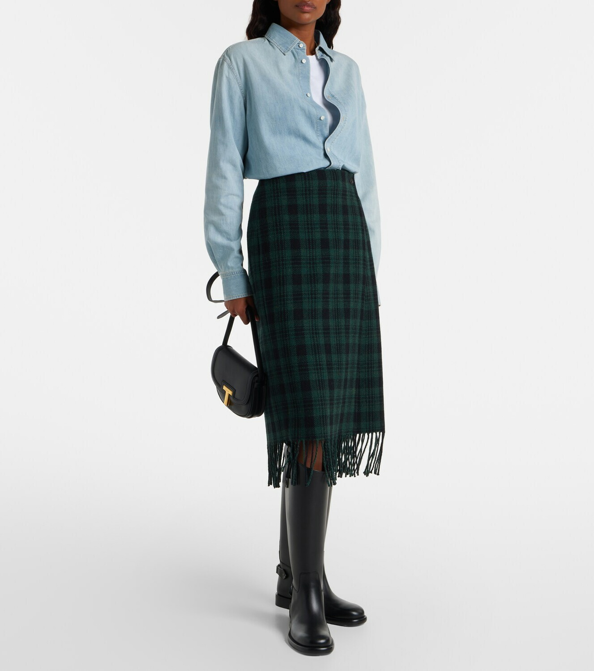 Polo Ralph Lauren Checked fringed wool-blend wrap skirt