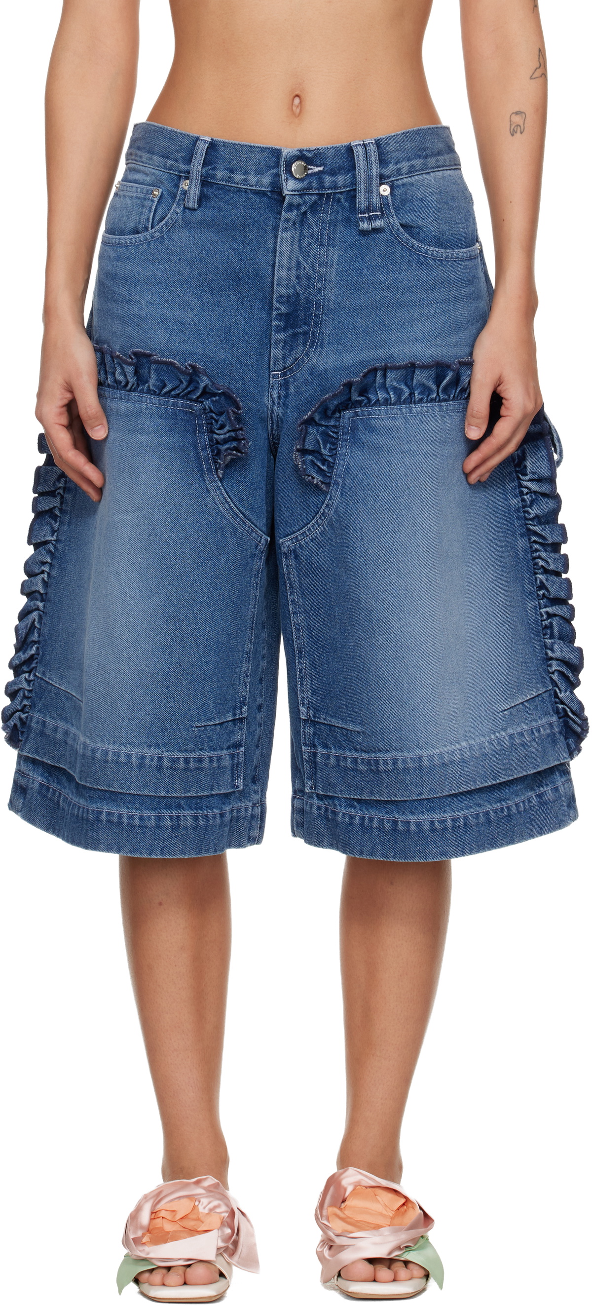 Simone Rocha Blue Ruffle Frill Denim Board Shorts