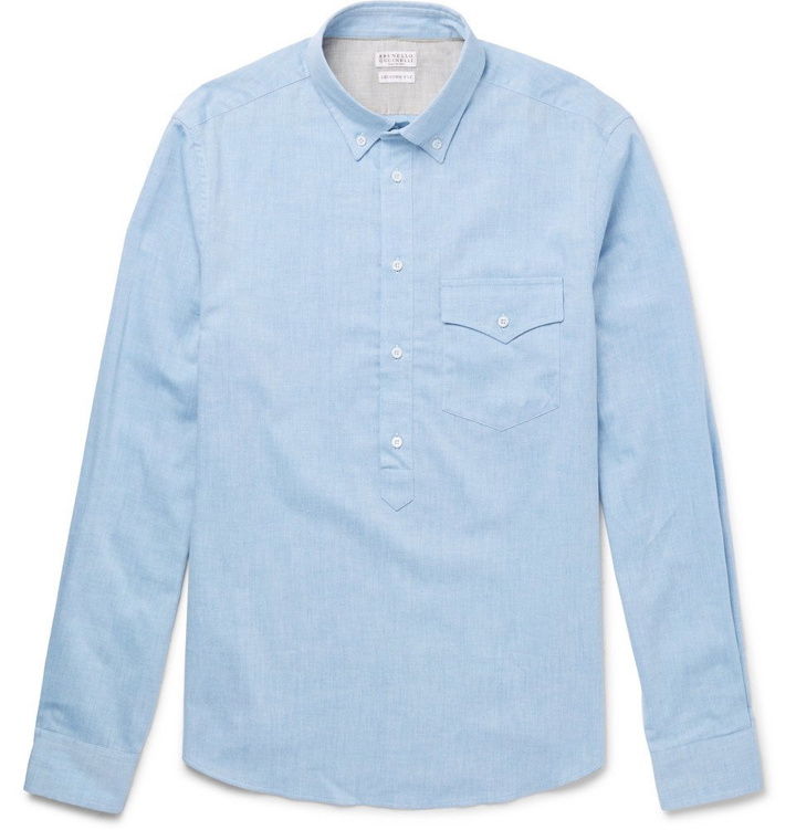 Photo: Brunello Cucinelli - Button-Down Collar Cotton Half-Placket Shirt - Men - Light blue