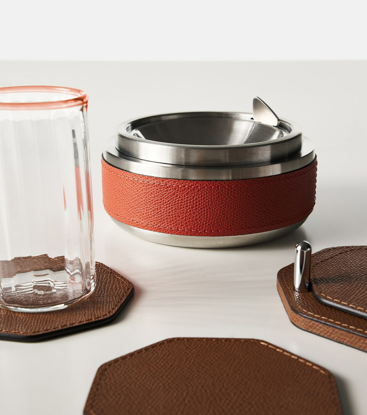 Giobagnara Libeccio stainless steel and leather ashtray