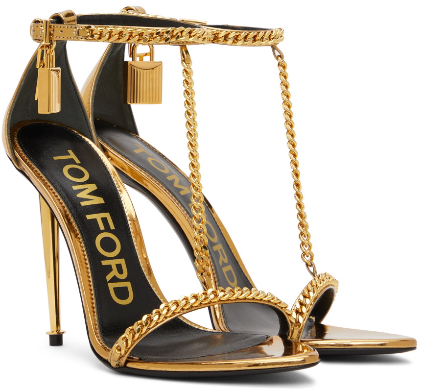 gold mirror padlock pointy heeled sandals