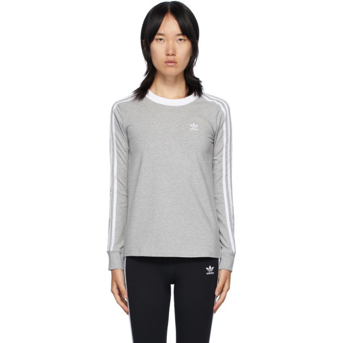 Photo: adidas Originals Grey 3-Stripes Long Sleeve T-Shirt