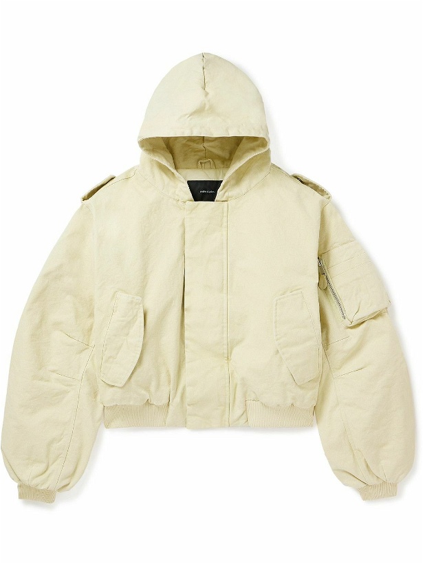 Photo: Entire Studios - W2 Cropped Padded Washed Cotton-Canvas Hooded Bomber Jacket - Yellow