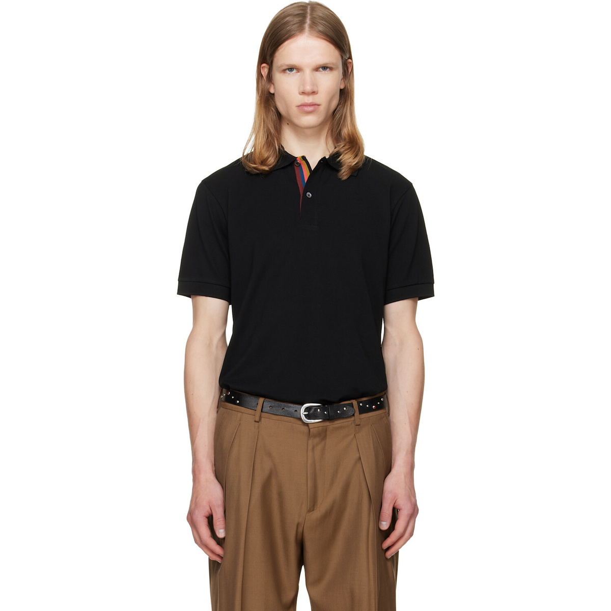 Paul Smith Black Cotton 'Artist Stripe' Placket Polo Shirt