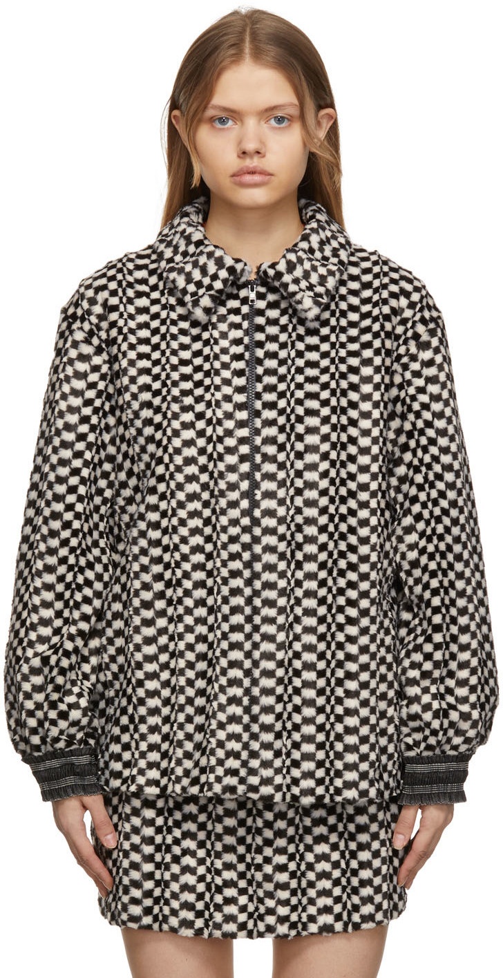 Anna Sui Black & Off-White Faux-Fur Checkerboard Jacket Anna Sui