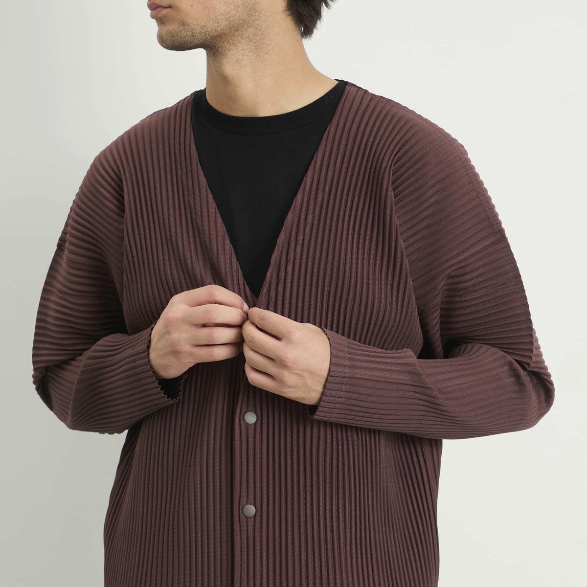 Homme Plissé Issey Miyake Men's Homme Plissé Button Down Cardigan in Edge Brown