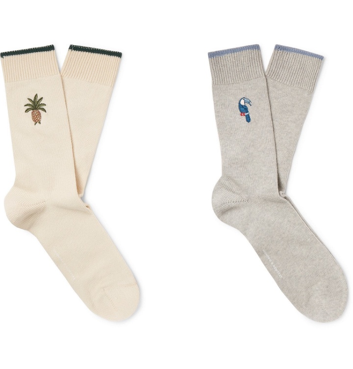 Photo: Desmond & Dempsey - Two-Pack Embroidered Stretch Cotton-Blend Socks - Neutrals