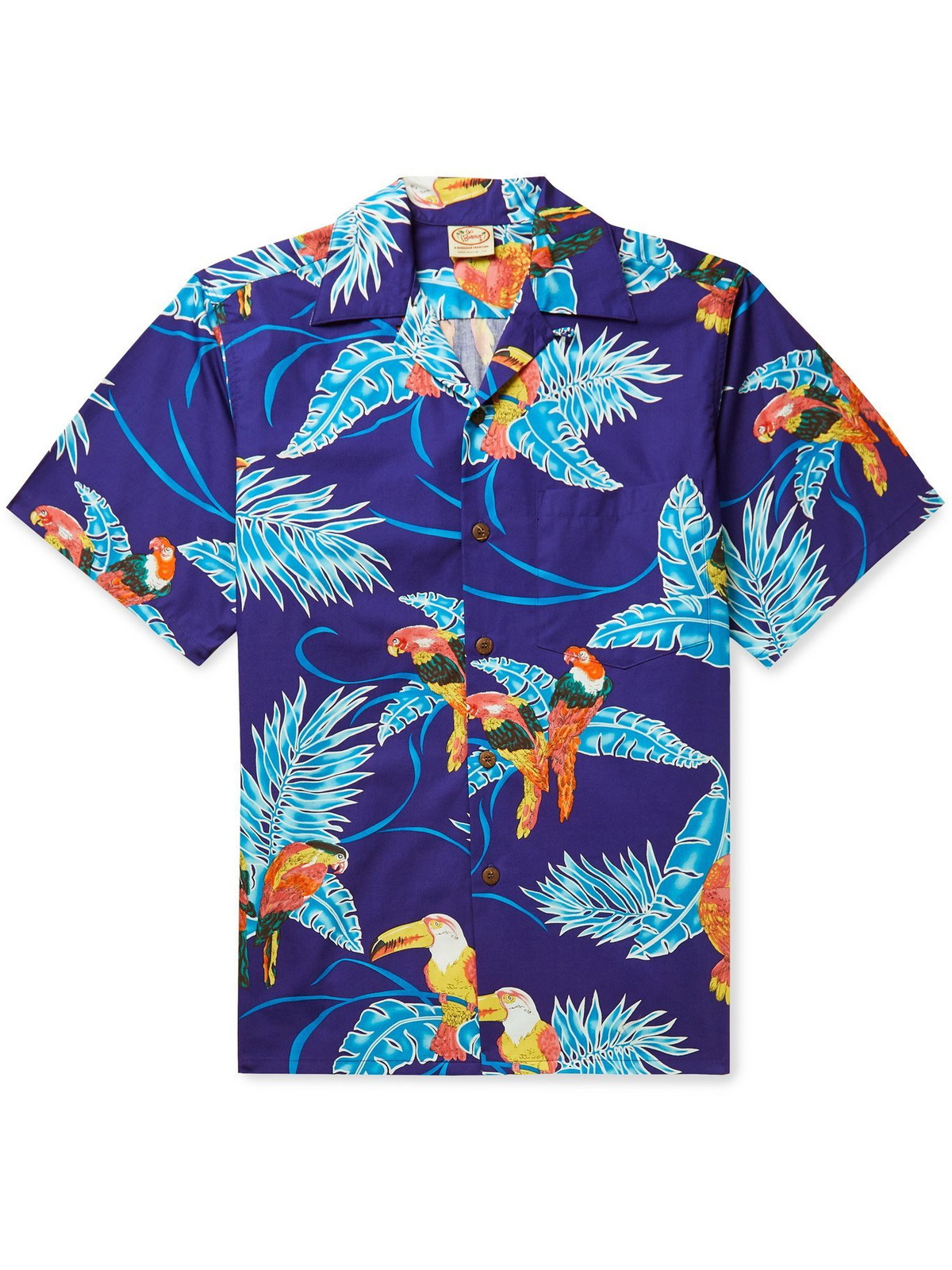 GO BAREFOOT - Tropical Birds Camp-Collar Printed Cotton Shirt - Blue - S