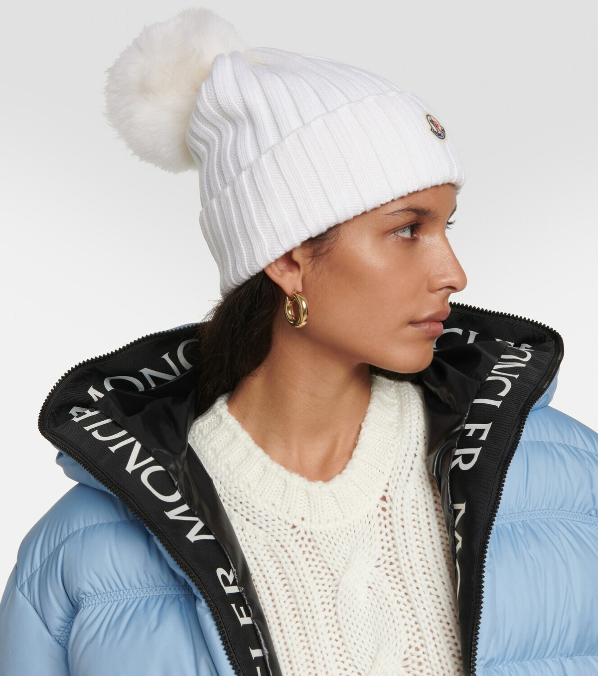 Moncler ribbed good wool beanie with fur pompom