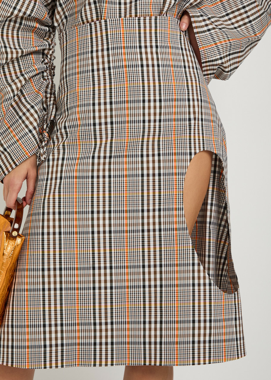 A.W.A.K.E Mode Plaid Cut-out Cotton-blend Midi Skirt Beige