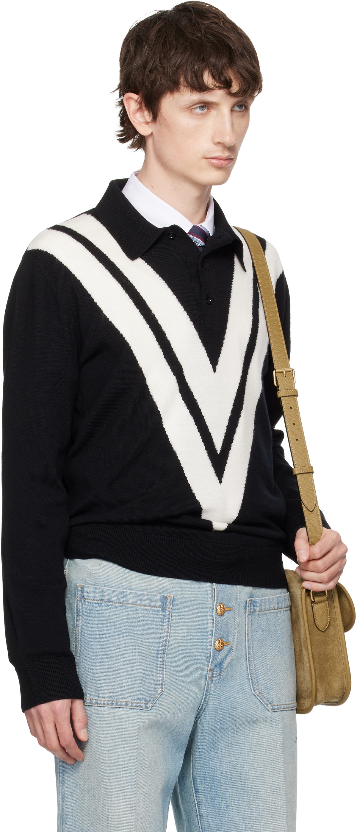 Valentino Black Knit Wool Logo Polo