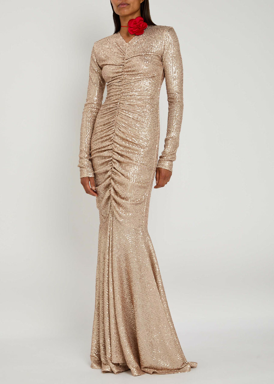 Norma Kamali Sequined Ruched Gown Beige