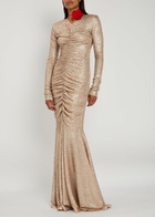 Norma Kamali Sequined Ruched Gown Beige