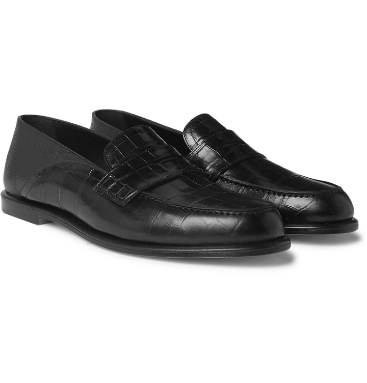Photo: Loewe - Collapsible-Heel Croc-Effect and Full-Grain Leather Penny Loafers - Black