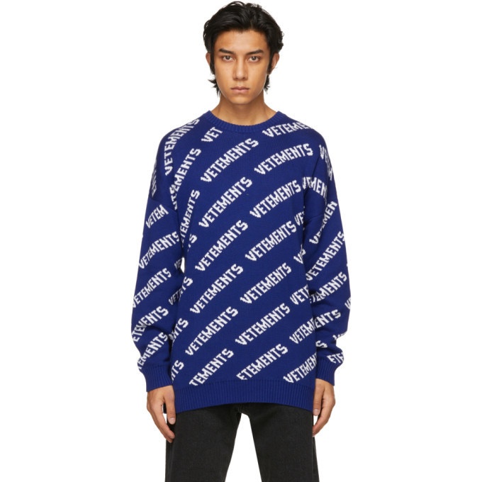 Photo: VETEMENTS Blue and White Allover Logo Sweater