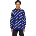 VETEMENTS Blue and White Allover Logo Sweater