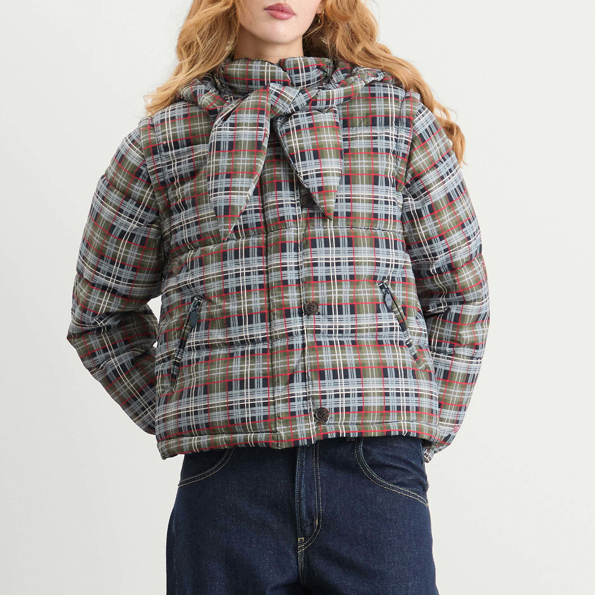 Damson Madder Women's Pearl Tartan Check Puffer Jacket in Multi