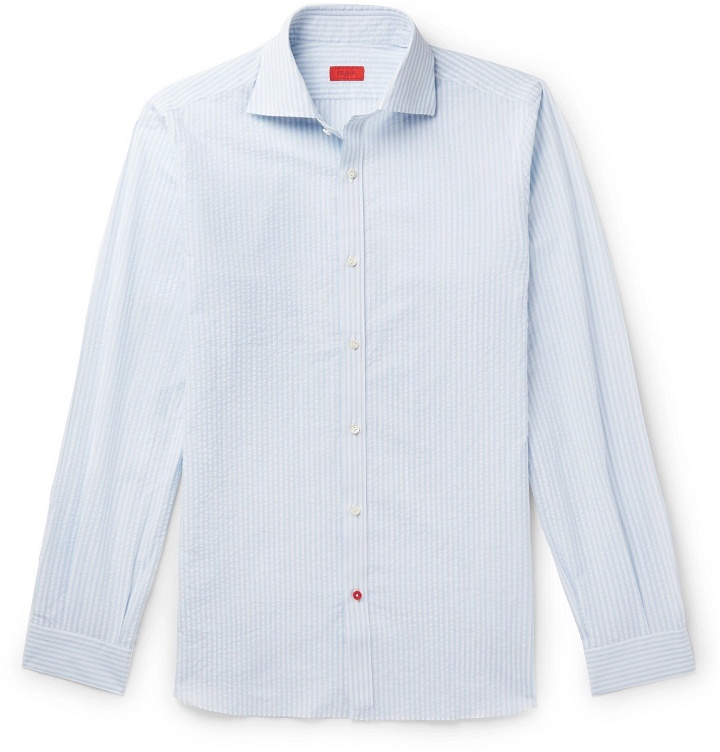Photo: Isaia - Slim-Fit Cutaway-Collar Striped Cotton-Seersucker Shirt - Blue
