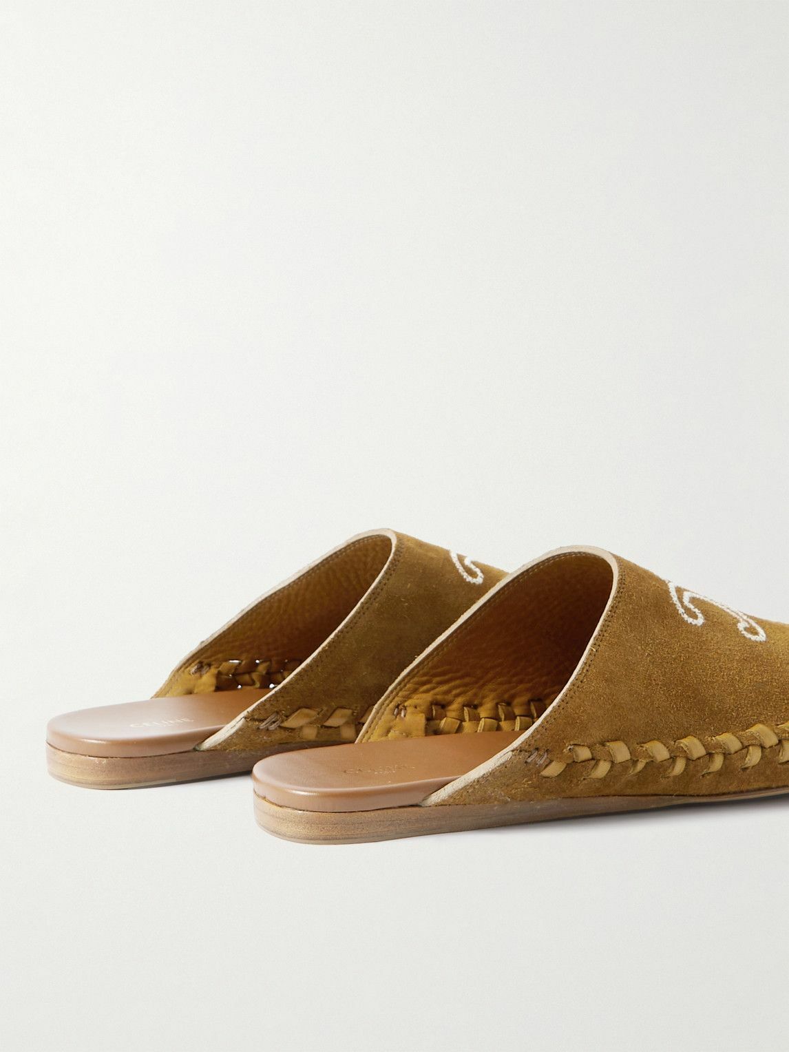 CELINE - Leather-Trimmed Logo-Embroidered Suede Mules - Brown