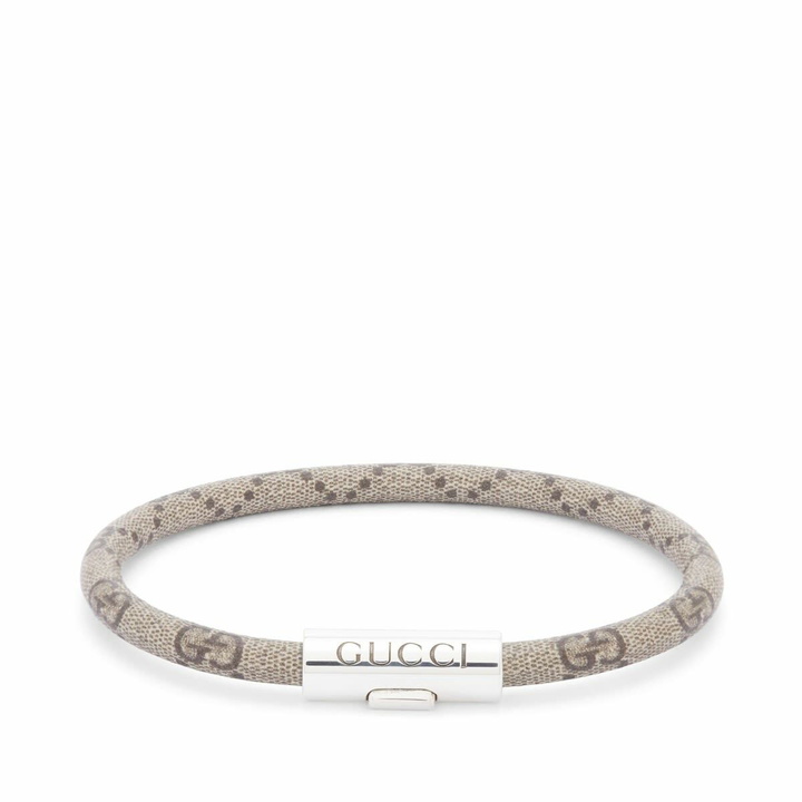 Photo: Gucci Men's Leather Strap Bracelet in Silver/Beige