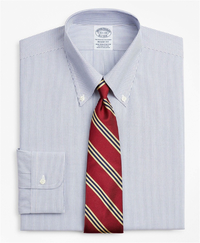 Photo: Brooks Brothers Men's Stretch Regent Regular-Fit Dress Shirt, Non-Iron Poplin Button-Down Collar Fine Stripe | Navy