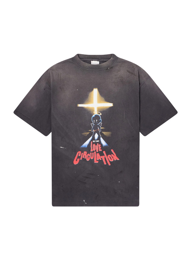 Photo: SAINT MXXXXXX - Love Circulation Printed Distressed Cotton-Jersey T-Shirt - Black