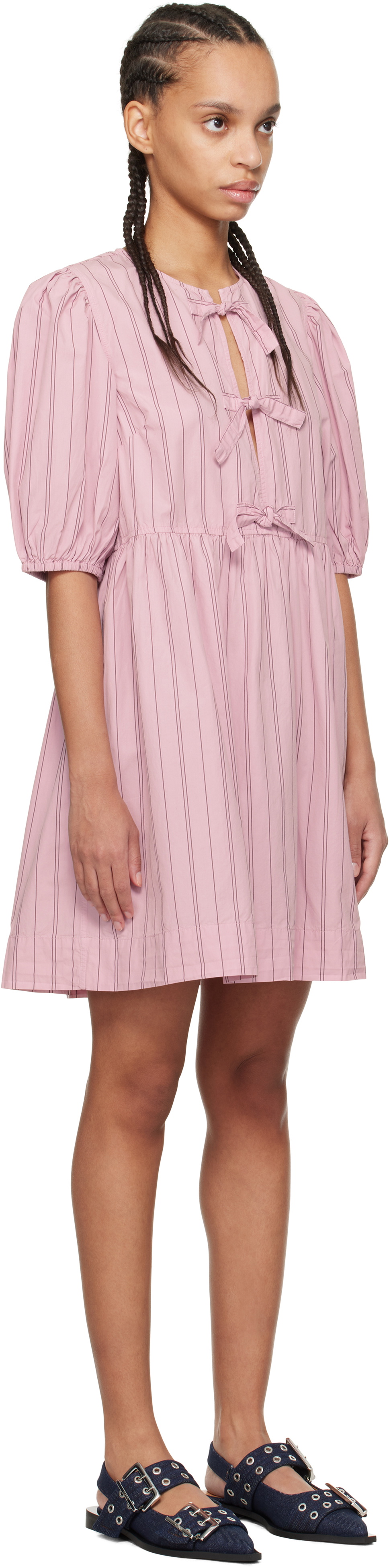 GANNI Pink Stripe Cotton Mini Bow Tie Minidress