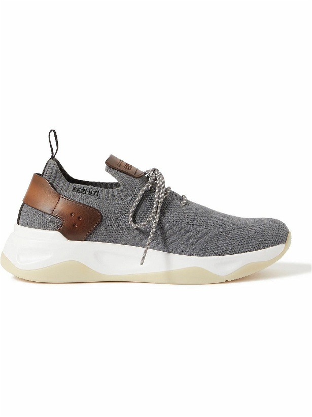 Photo: Berluti - Shadow Venezia Leather-Trimmed Stretch-Knit Sneakers - Gray