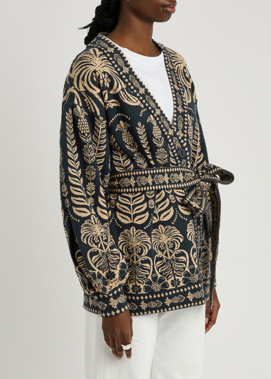 Farm Rio Anika Patterned Belted Knitted Cardigan Dark Blue