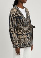 Farm Rio Anika Patterned Belted Knitted Cardigan Dark Blue