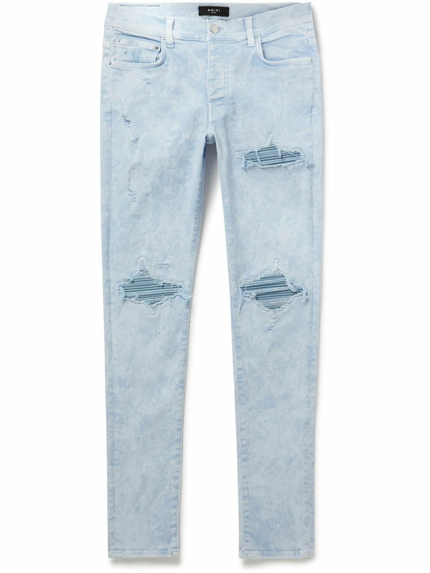 Photo: AMIRI - MX1 Skinny-Fit Distressed Leather-Panelled Jeans - Blue