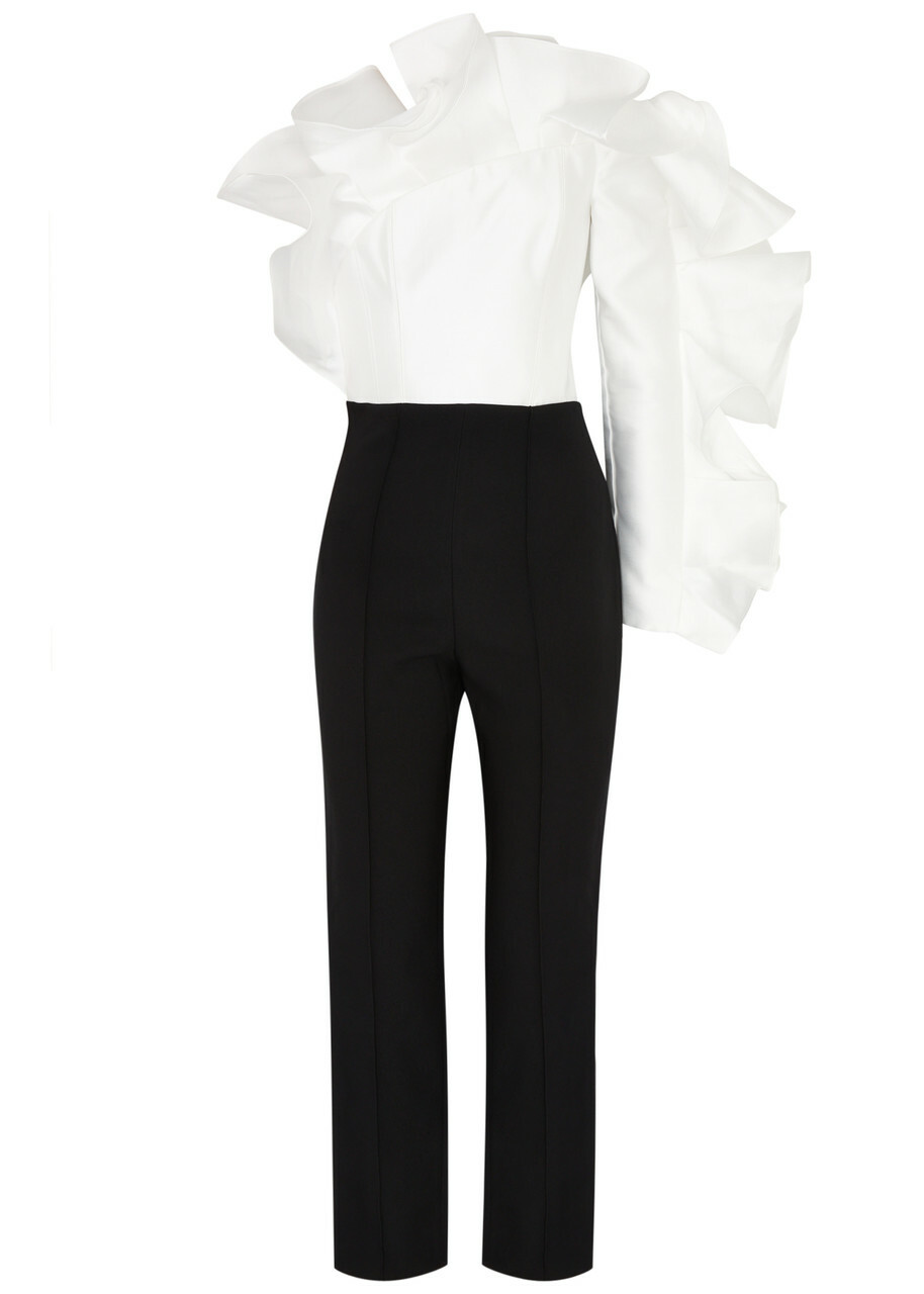 Solace London Hana Ruffled Satin and Crepe Jumpsuit Black Solace London Hana Ruffled Satin and Crepe Jumpsuit Black