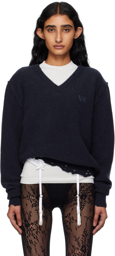 Photo: Balenciaga Navy Laurel Classic Inside-Out V-Neck Sweater