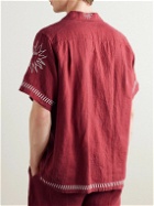 Desmond & Dempsey - Embroidered Linen Pyjama Shirt - Red
