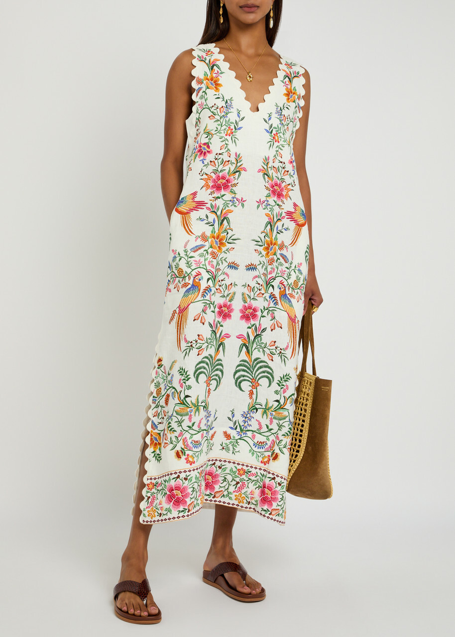 Farm Rio Delicate Forest Printed Linen Maxi Dress White