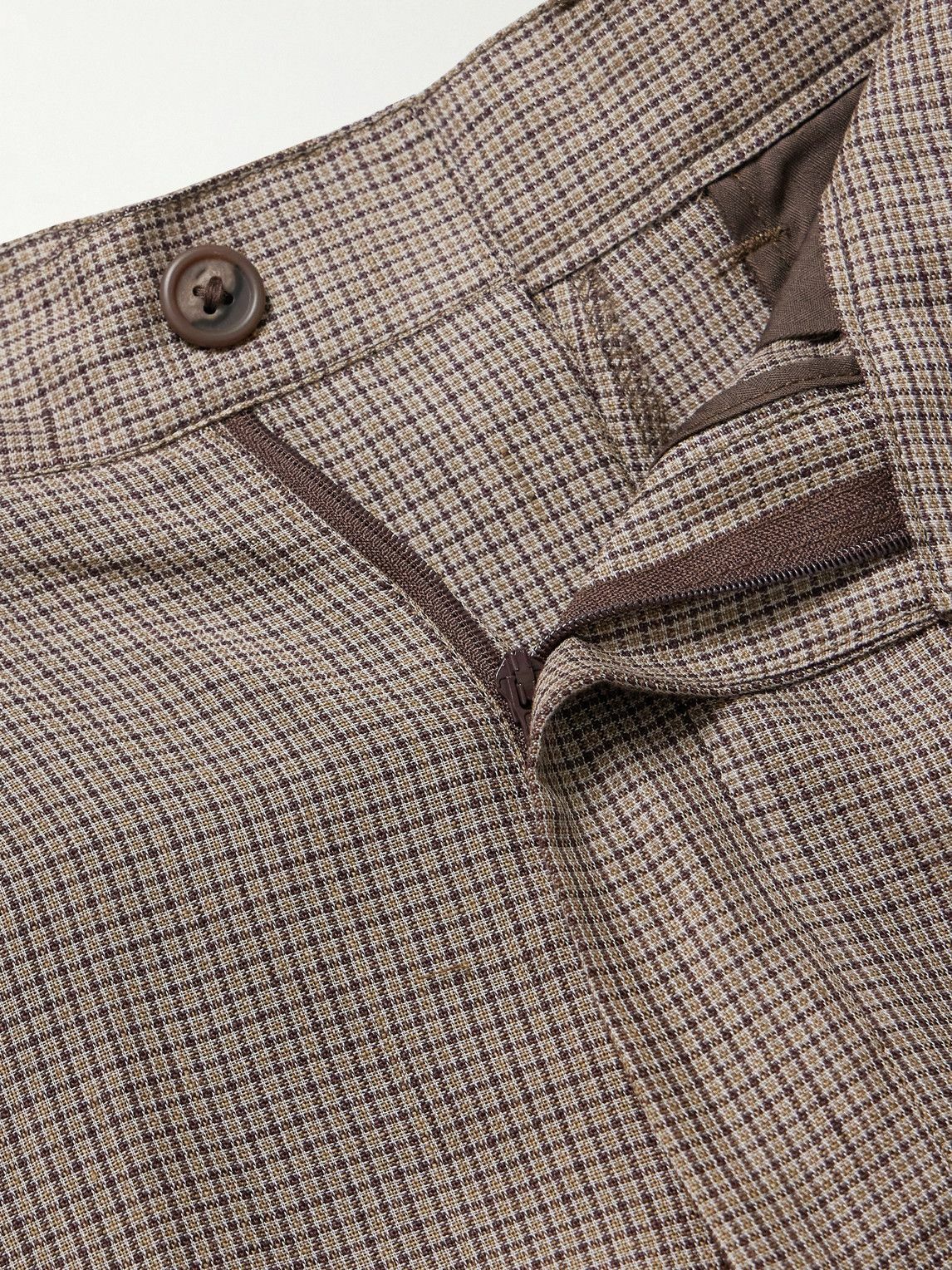 Beams Plus - Straight-Leg Pleated Checked Linen and Cotton-Blend Trousers - Brown