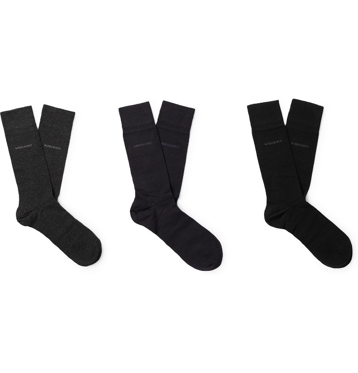 Photo: HUGO BOSS - Three-Pack Logo-Intarsia Cotton-Blend Socks - Multi