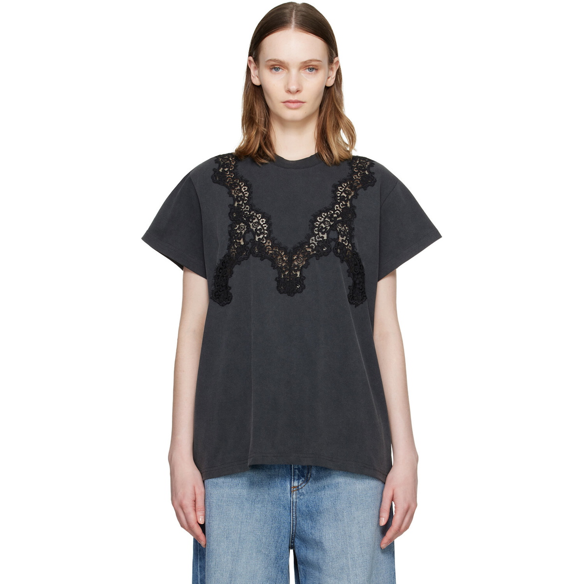 Stella McCartney Black Lace Mix Washed Jersey Cotton T-shirt