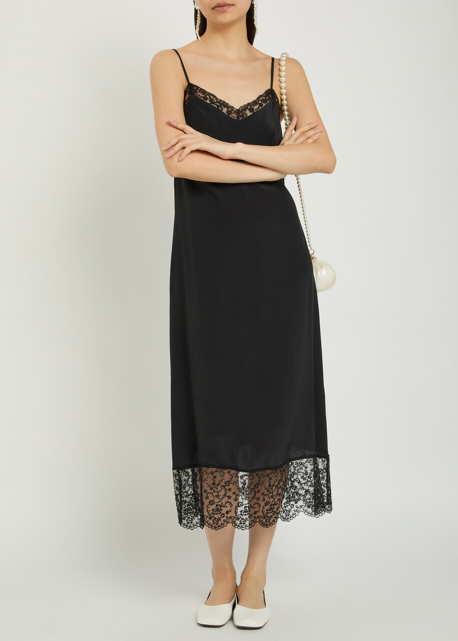 Simone Rocha Lace-trimmed Crepe-de-chine Midi Dress Black