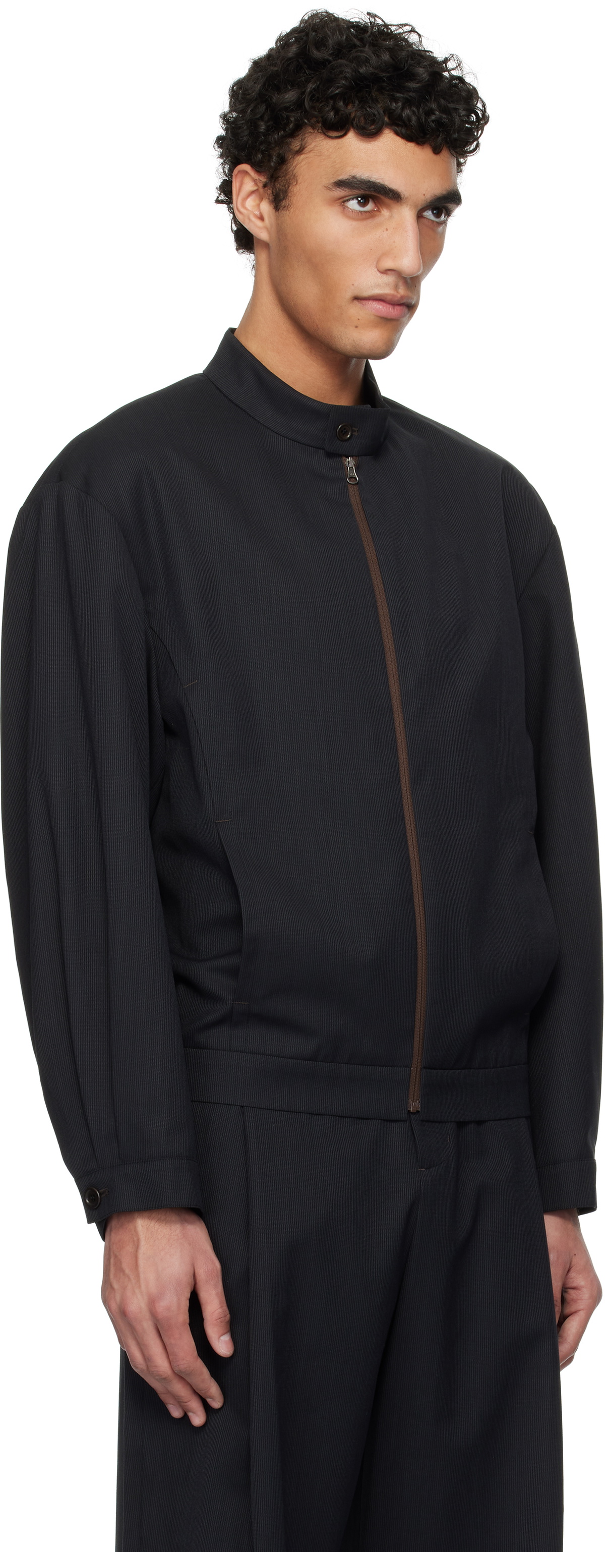 AMOMENTO Black Wool Stripe Zip-Up Jacket AMOMENTO