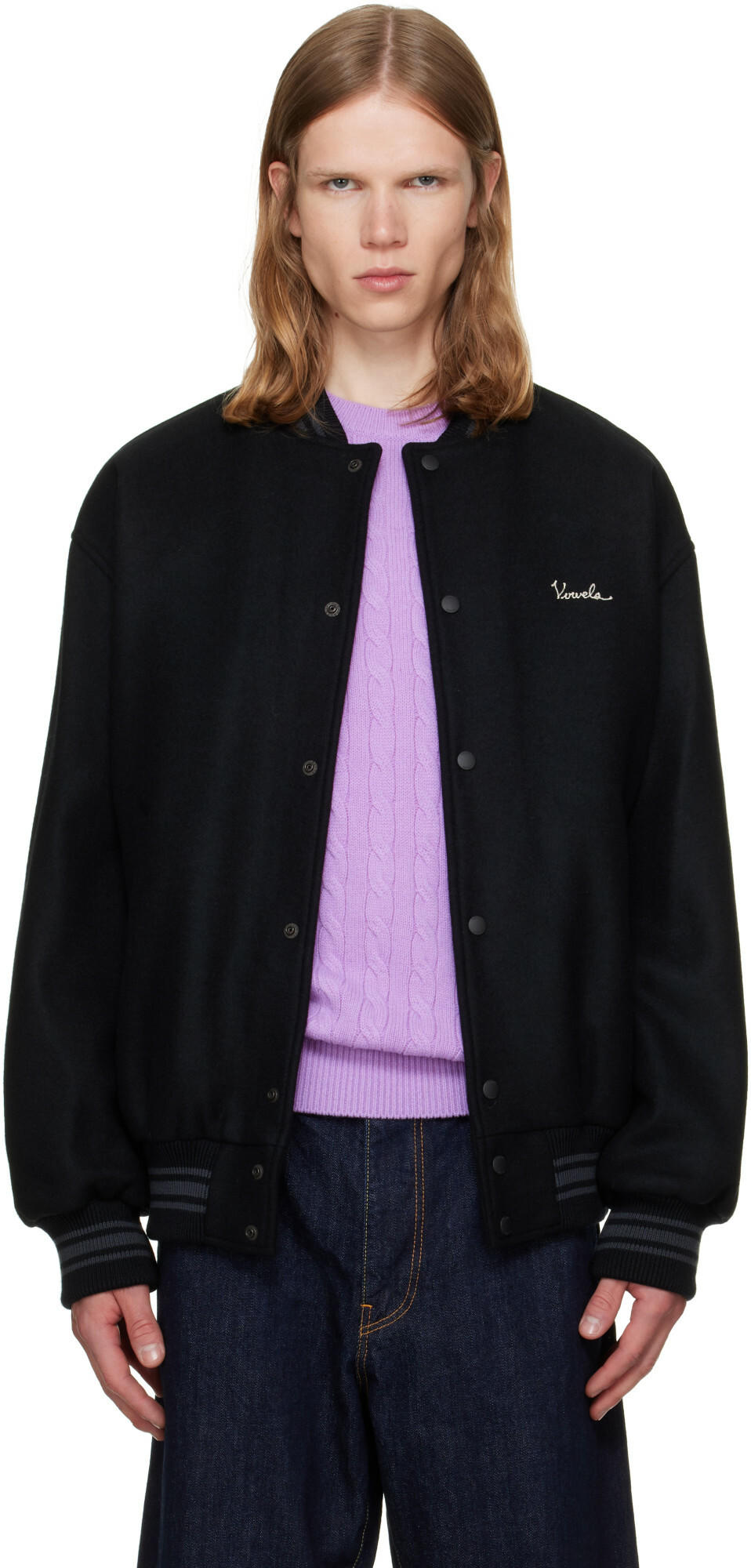 vowels Black Wool Varsity Bomber Jacket