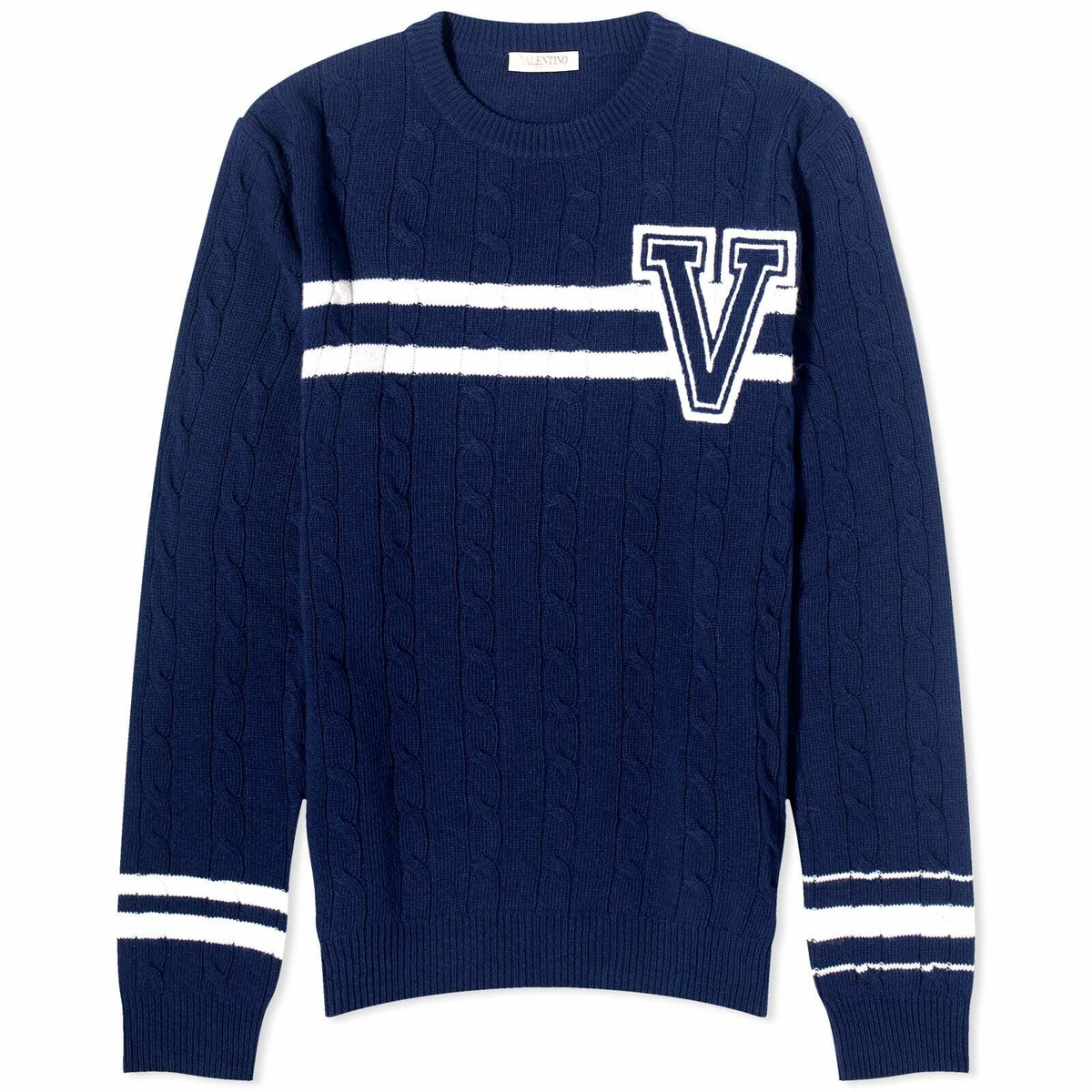 Valentino Men's V Logo Crew Knit in Blue/Ivory Valentino