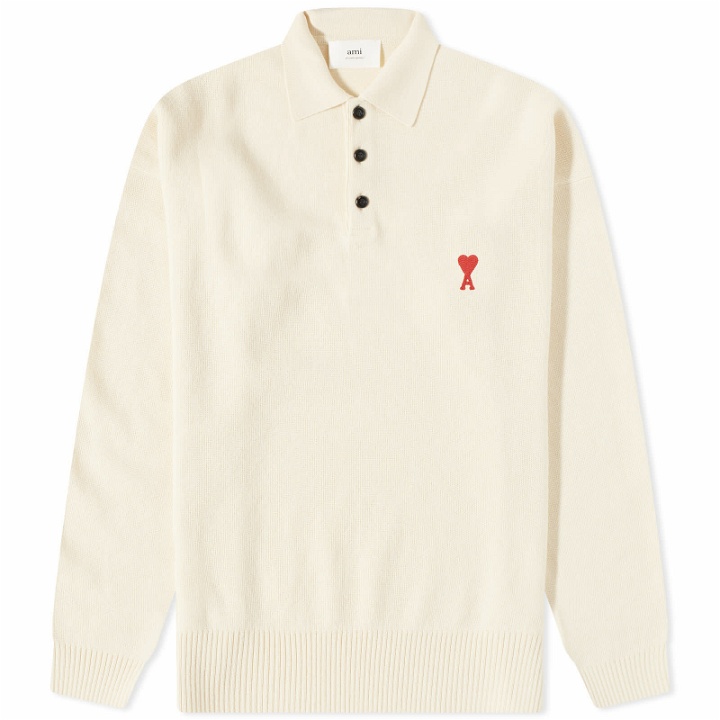 Photo: AMI Men's Heart Long Sleeve Knitted Polo Shirt in Vanilla