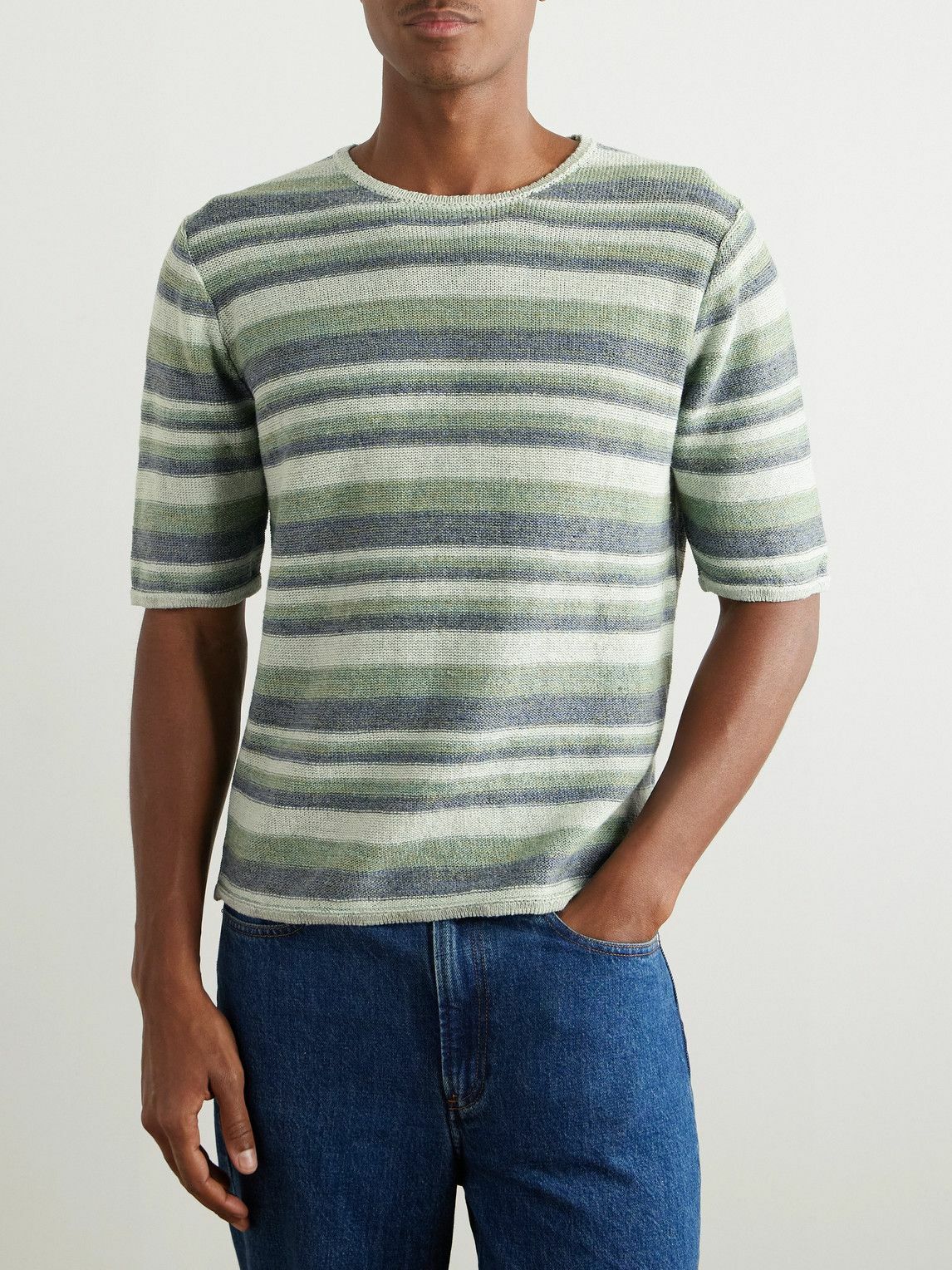 Inis Meáin - Strata Striped Knitted Linen T-Shirt - Green